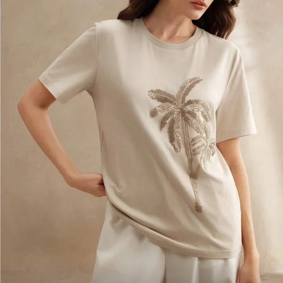 Beige Palm tree Embellished Women's Top - Picture 3 of 6
